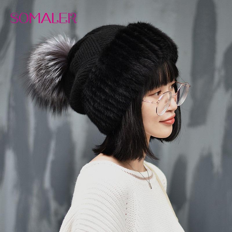 Winter Mink Fur Knitted Wool Hat for Women Fox Fur Pompom Slouchy Beanie Fashion Warm Style Cap Baggy Crochet Hat