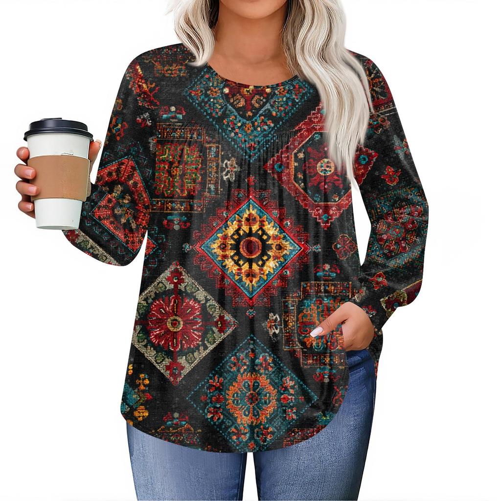 Womens Plus Size Tops Long Sleeve Shirts Round Neck Flowy Tunic Casual Loose Blouse L-5X