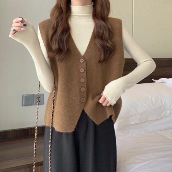 Осень-зима Женский жилет с V-образным вырезом на пуговицах Однотонный свободный трикотажный толстый сохраняющий тепло свободный свитер без рукавов