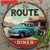 2d Flat 20*20cm Circular Wooden Sign, Classic Scenery and Retro Car Logo of Highway 66, Unique, Durable, Easy To Hang Wooden Decoration, Suitable
