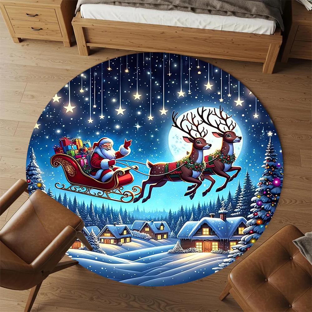 1pc Santa Claus, reindeer sleigh Round Chair mat Area Rug - Non-Slip, Floor Mat for Office, Bedroom, home decor Christmas Gift-1002361