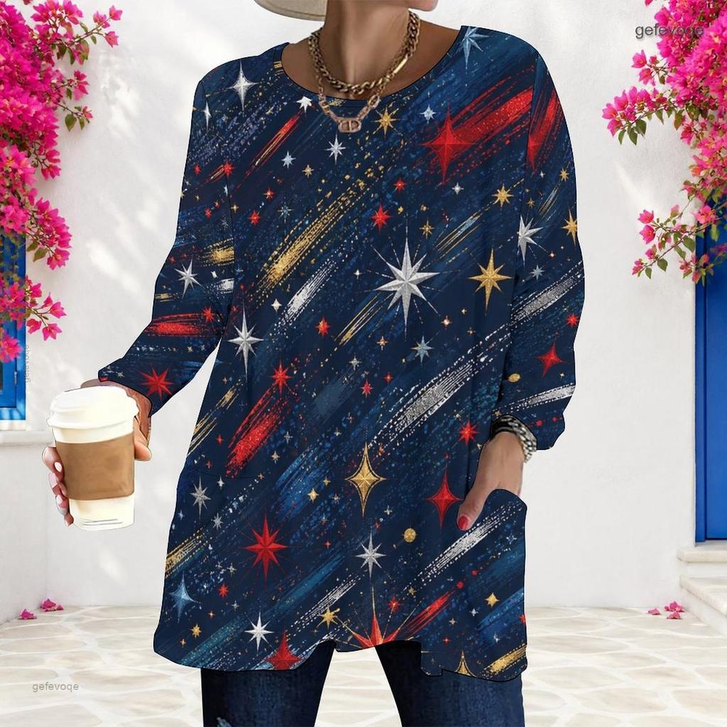 Women Plus Size Round Neck Long Sleeve Printed White Loose Longline T Shirt With Pockets