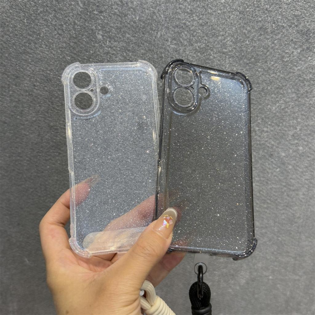 Мягкий прозрачный чехол для телефона с ремешком для iPhone 11 12 13 14 15 16 Pro Max Plus 16E, силиконовый ударопрочный бампер с блестками