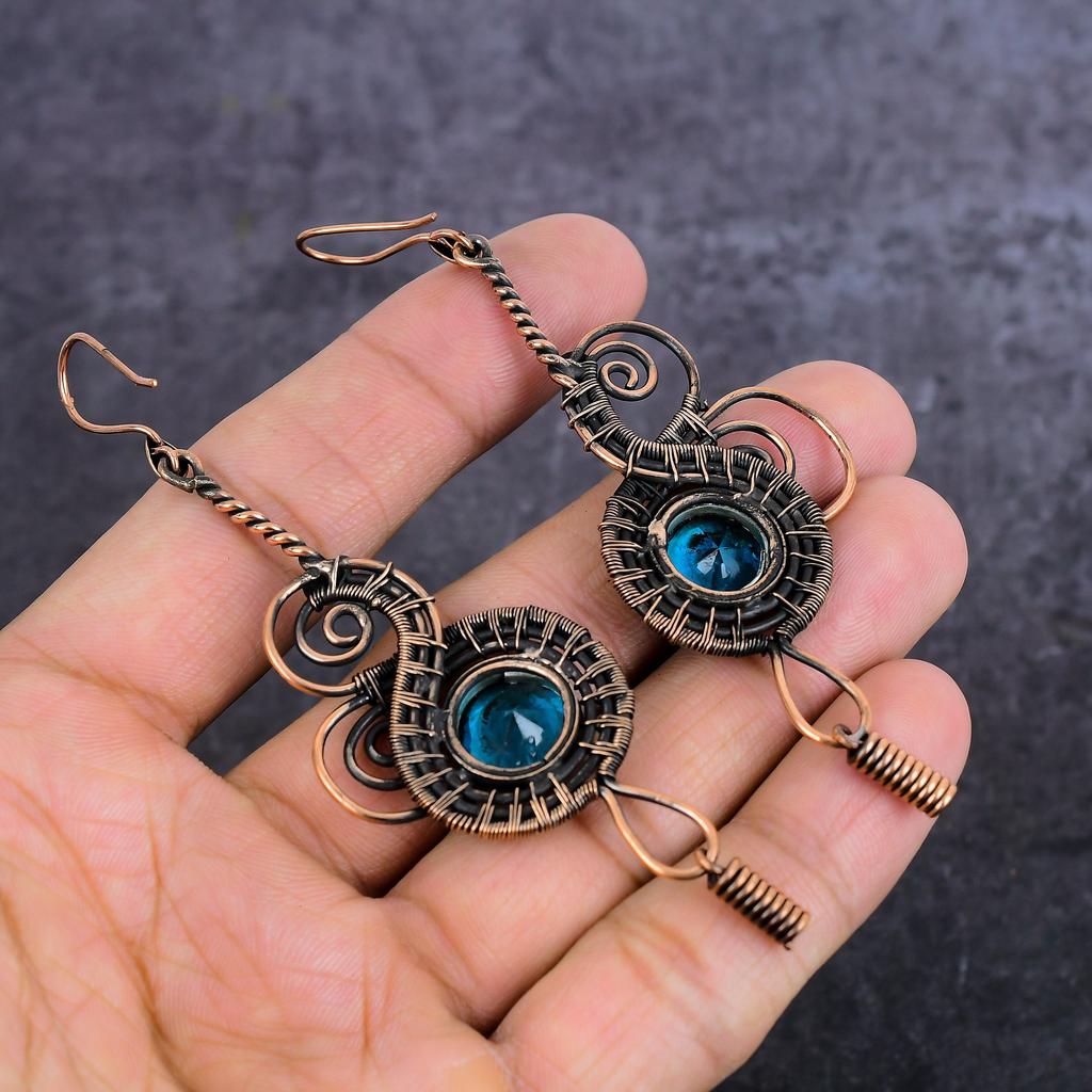 Натуральный голубой топаз, драгоценный камень, ручная работа, украшение из медной проволоки, серьга 3,86" n1E28