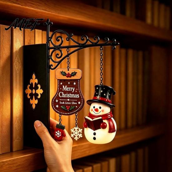 Creative Bookshelf Display Lamp Christmas Hanging Light, Snowman Book Nook Lamp, Metal Decorative Reading Space Accessories Floating Library