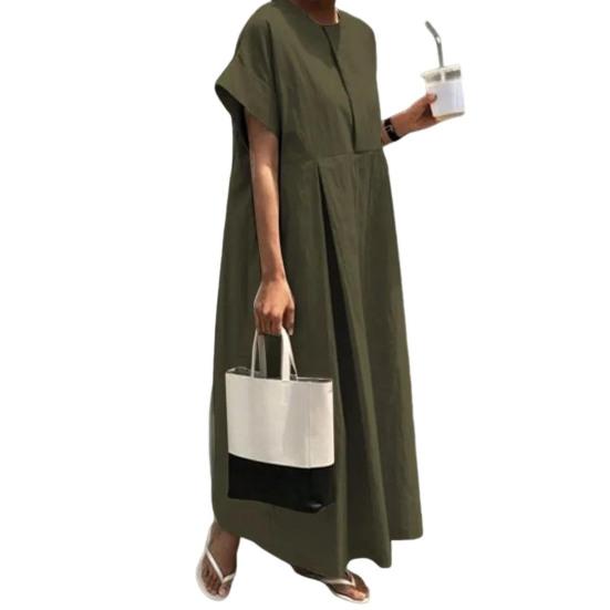 Летнее платье макси, свободное плиссированное платье с круглым вырезом и короткими рукавами, чистый цвет, большие размеры, повседневная одежда, женское платье макси