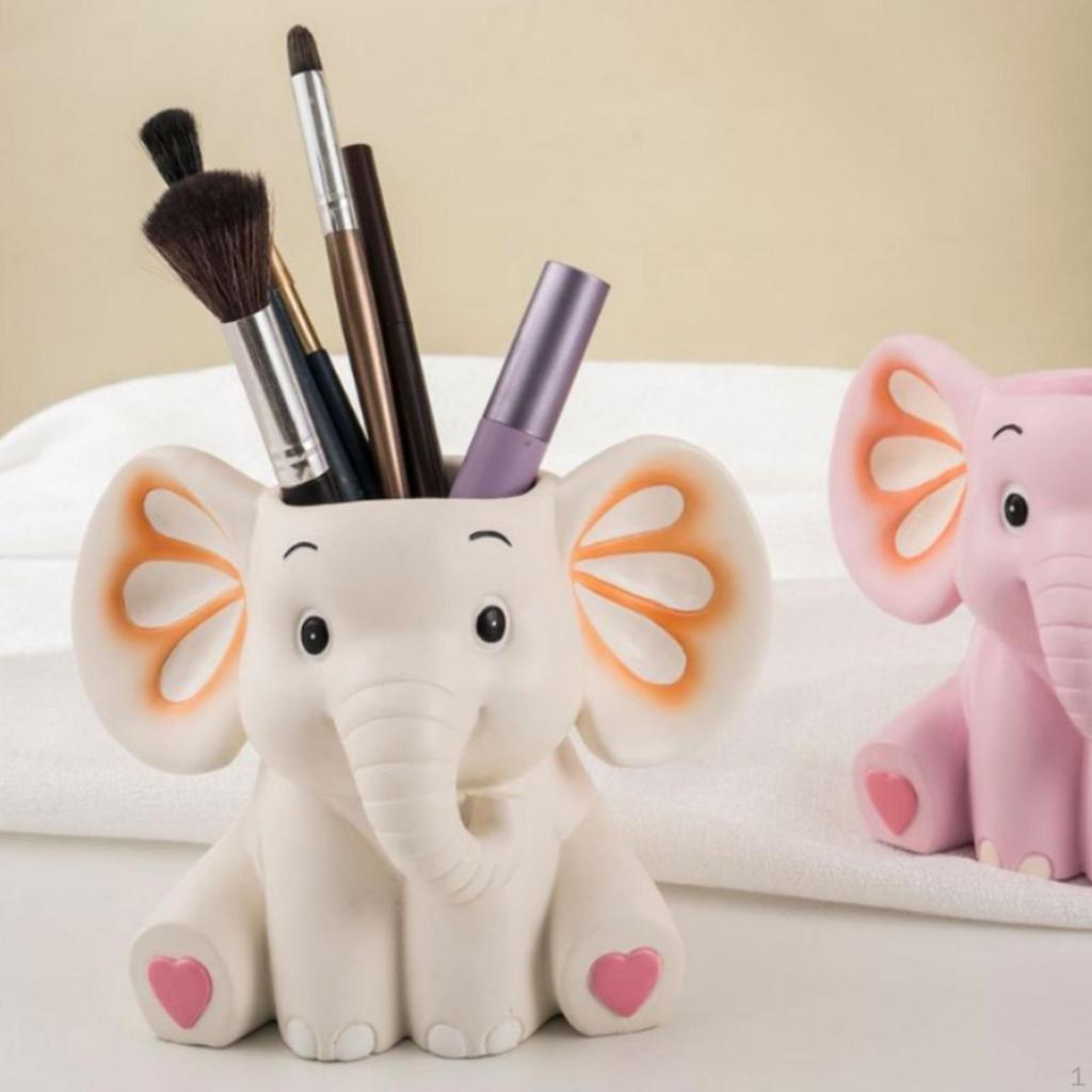 Cute Elephant Pen Holder Decoration Desktop Organizer for Desk Supplies Hand Painted Resin Statue
