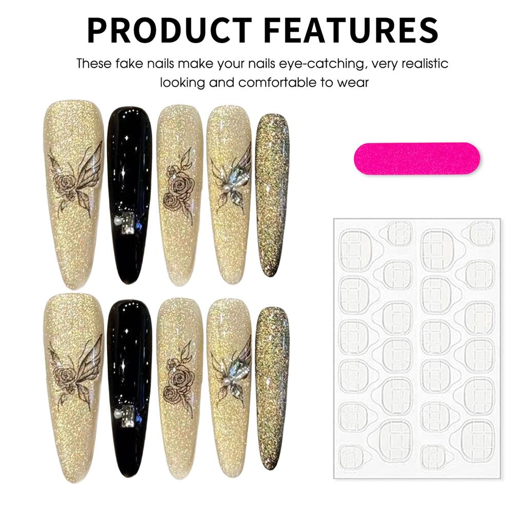 10pcs Gold Black False Nails with Rhinestone Decor Delicate Rose Butterfly Press on Nails For Gothic Party Wedding Photography