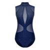 Womens Figure Skating Dance Leotard Sparkly Rhinestones Sheer Mesh Patchwork Sleeveless Cutout Back Bodysuit for Gymnastics