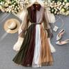 Women Designer Splice Mesh Runway Dress Retro Turn-down Collar Puff Sleeve Button A-line Dress Autumn Fashion Streetwear Dresses