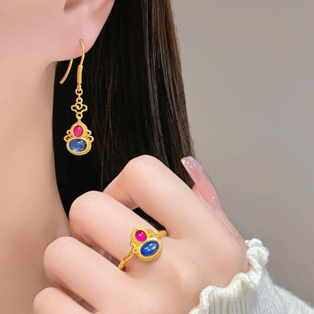 Women Jewelry Set Chinese Palace Style Floral Pendant Necklace Enamel Gourd Bracelet Cloud Earrings Ring
