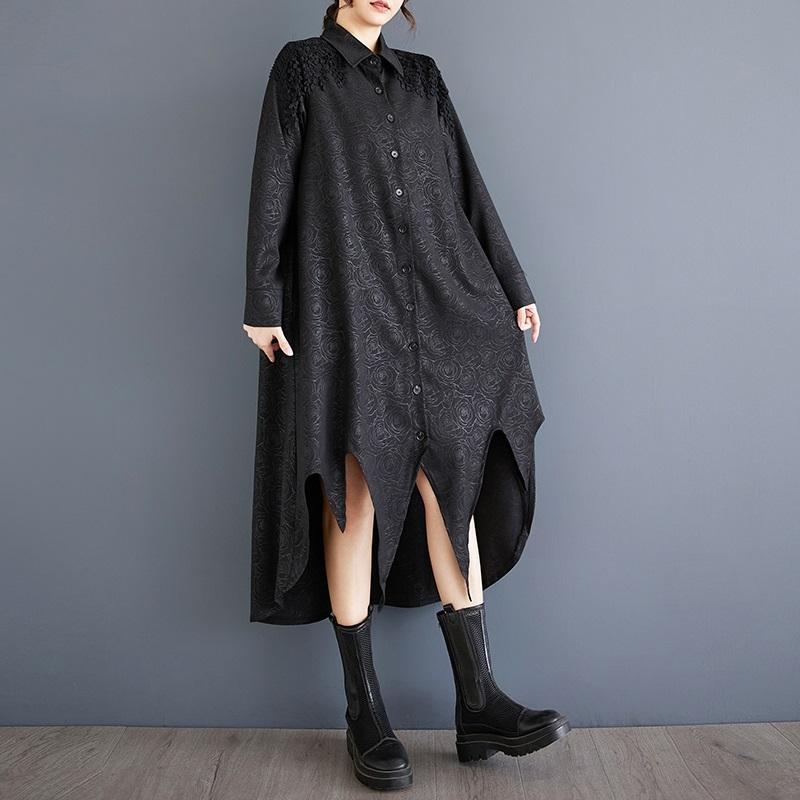 Длинный рукав Большие размеры жаккард черный винтажный цветочный новый в платьях для женщин повседневный свободный весна осень рубашка платье