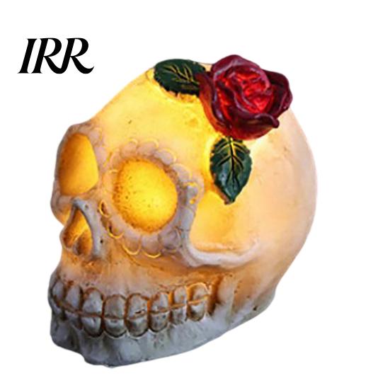 Spooky Skull Lamp Gothic Light Up Rose Flower Figurine, Day of Dead Resin Halloween Decor Statue, Skeleton Head for Desk Home