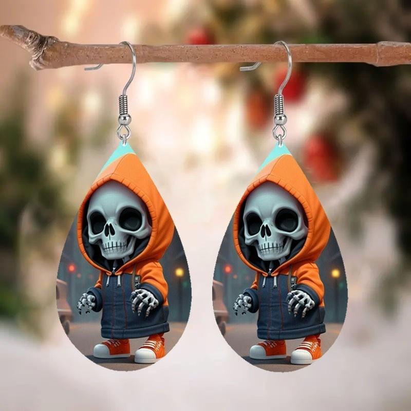 Hooded Themed Halloween Jacket Skull Pattern Droplet Shaped Earrings Acrylic