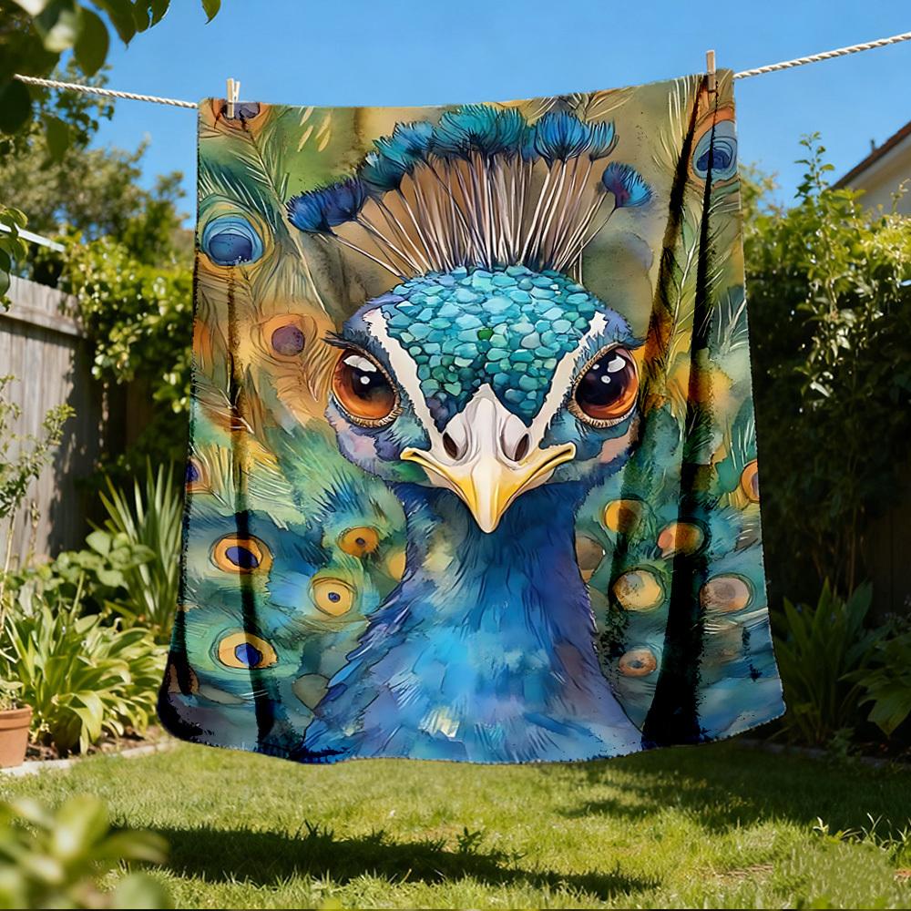 1pc Peacock Feather Throw Blanket Polyester Fiber, Lightweight Flannel, Soft & Warm, All Season Use for Outdoor, Camping Digital Print