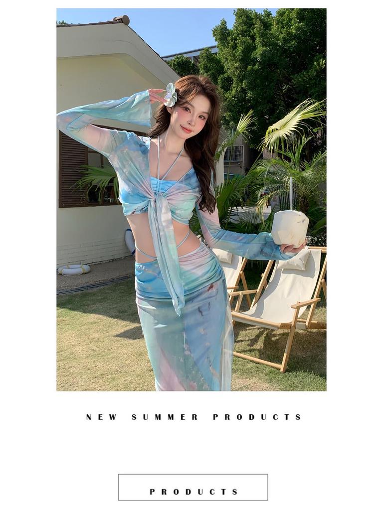 2025 Женские купальники высокого класса: Элегантное длинное платье с разрезом и набор из четырех предметов: бикини