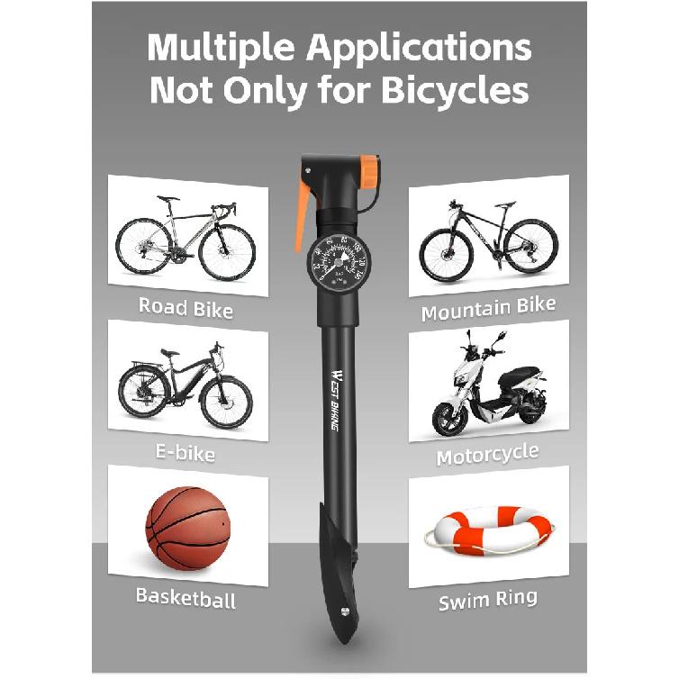 WEST BIKING Portable Bicycle Air Pump With Precise Gauge 120PSI Aluminum Alloy Hand Pump Schrader Presta Valve Tire Inflator