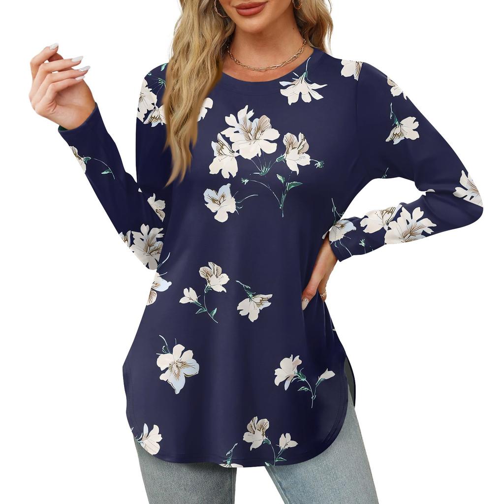 Женская рубашка с длинными рукавами, круглым вырезом и боковым разрезом, винтажный повседневный топ с цветочным принтом и листьями