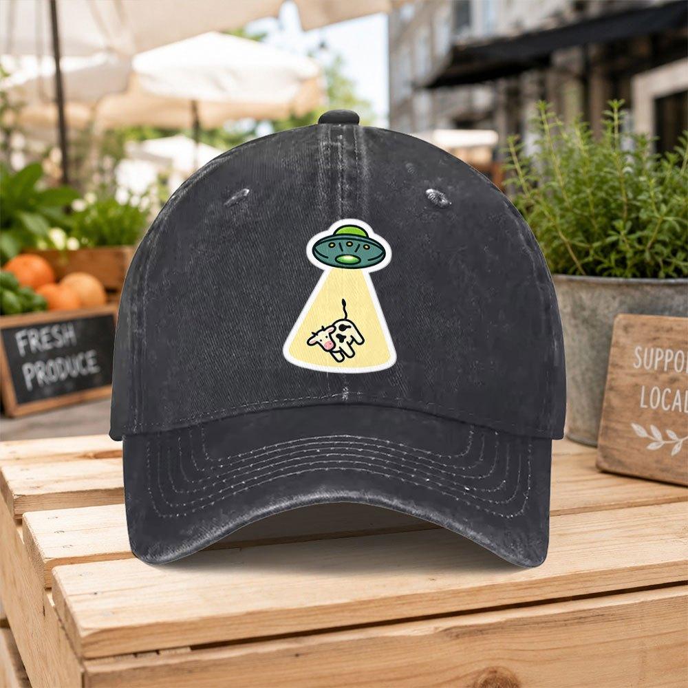 UFO Cow Print Washed Baseball Cap Lightweight Duckbill Hat with Hook Loop Unisex for Unisex Women