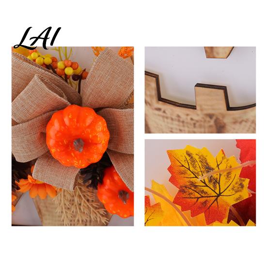Artificial Autumn Flowers for Wall Wooden Pumpkin Halloween Door Sign with LED Lights Floral Hanging Warm Fall Lighted Wreaths Ornament Window