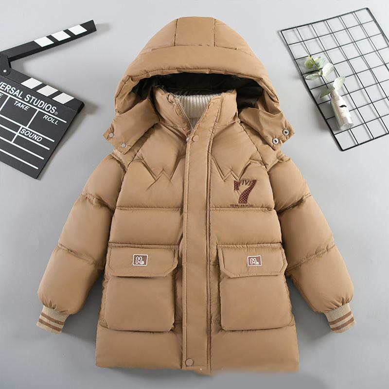 Winter Teen Boys Jacket Letter 7 Print Lined With Velvet Thick Warm Hooded Zipper Parka Coat For 6-14Y Kids Cotton Outwear