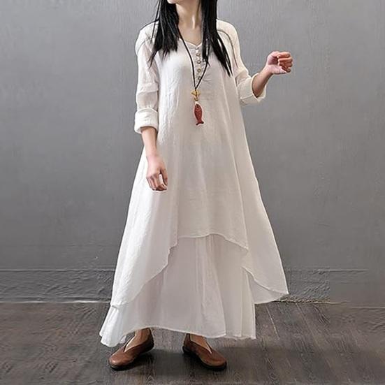 Женское платье макси с карманами, рукавами девятой длины, круглым вырезом, неровным многослойным подолом