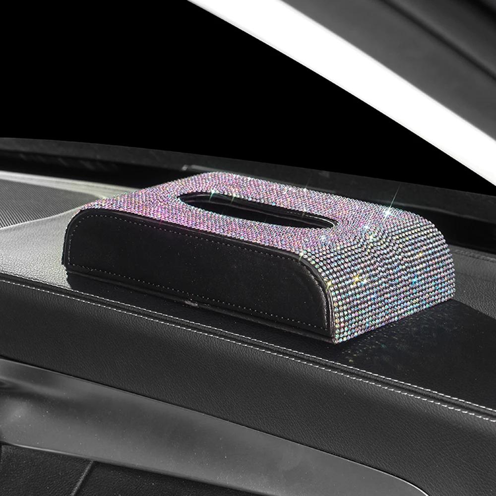 Блестящий кристальный автомобильный бокс для салфеток, роскошный из ПУ кожи, автоматический держатель для бумажного бокса, чехол-подставка, автомобильные аксессуары для дома и офиса