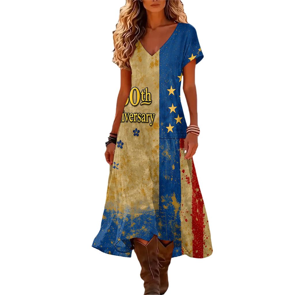 Women’s V Neck Short Sleeve Maxi Dress with 1776 America Print Gradient Hem and Floral Graphic Casual Loose Fit