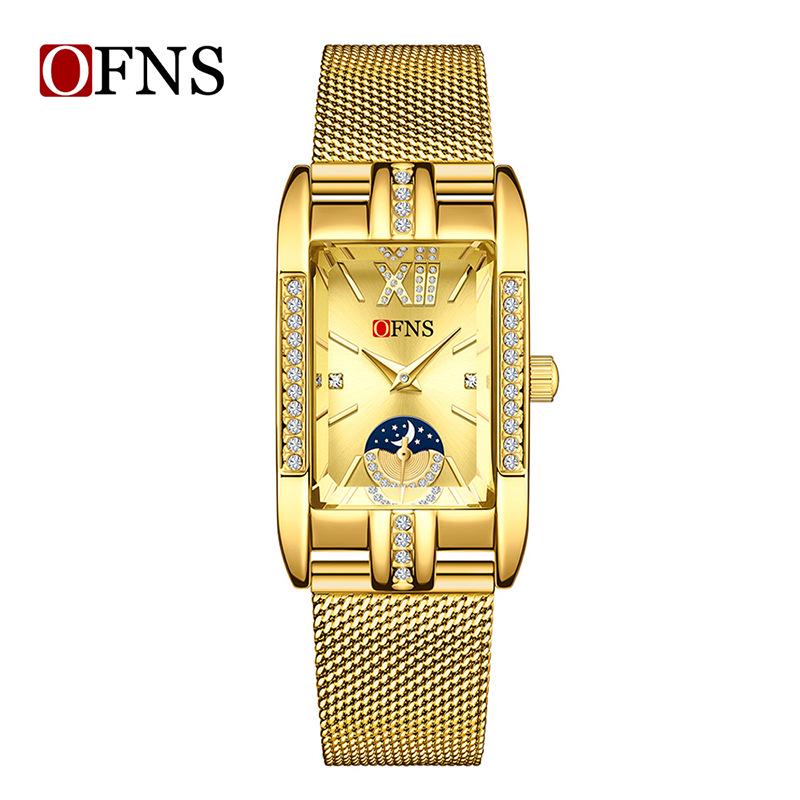 Женские квадратные часы OFNS - Хит Douyin, Роскошные и Модные, Кварцевые с 2.5 стрелками, Водонепроницаемый дизайн