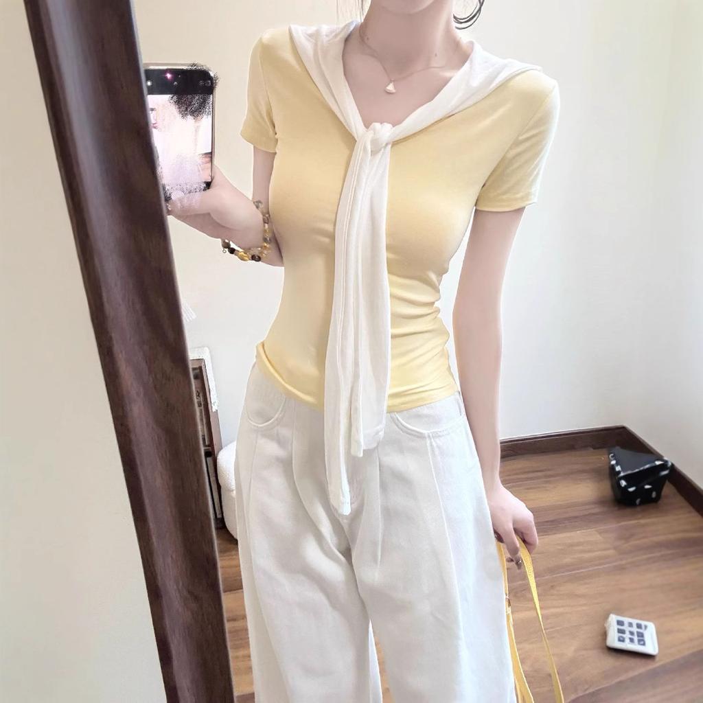 Pure desire gentle yellow fake two-piece strap short-sleeved T-shirt women's summer new front shoulder slim-fitting short top