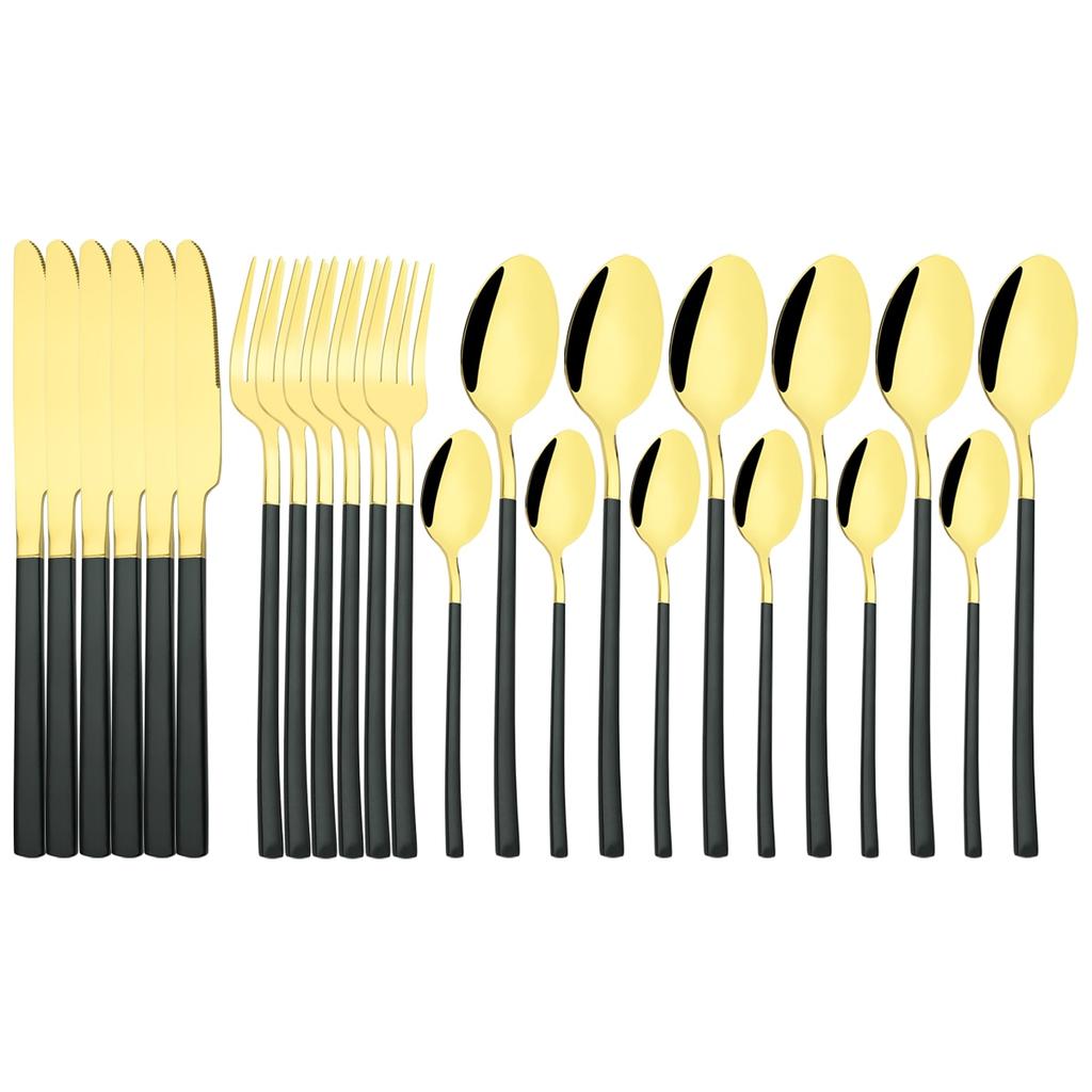 Western 24Pcs Black Gold Dinnerware Set Luxury Knives Fork Tea Spoon Cutlery Set Stainless Steel Flatware Tableware Kitchen Silverware