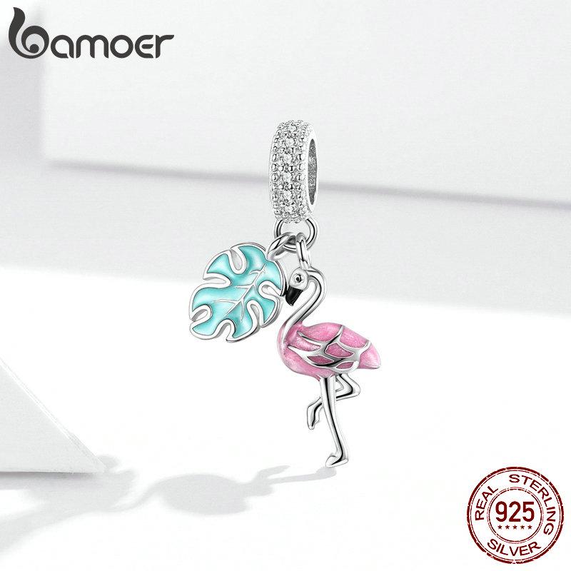 BAMOER 925 Sterling Silver Pendant Summer Pink Enamel Flamingo Pendant Charms for Snake Bracelet