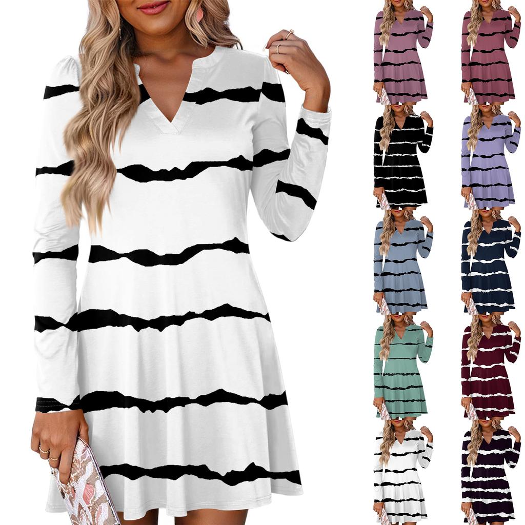 Женское модное полосатое платье с V-образным вырезом и длинными рукавами