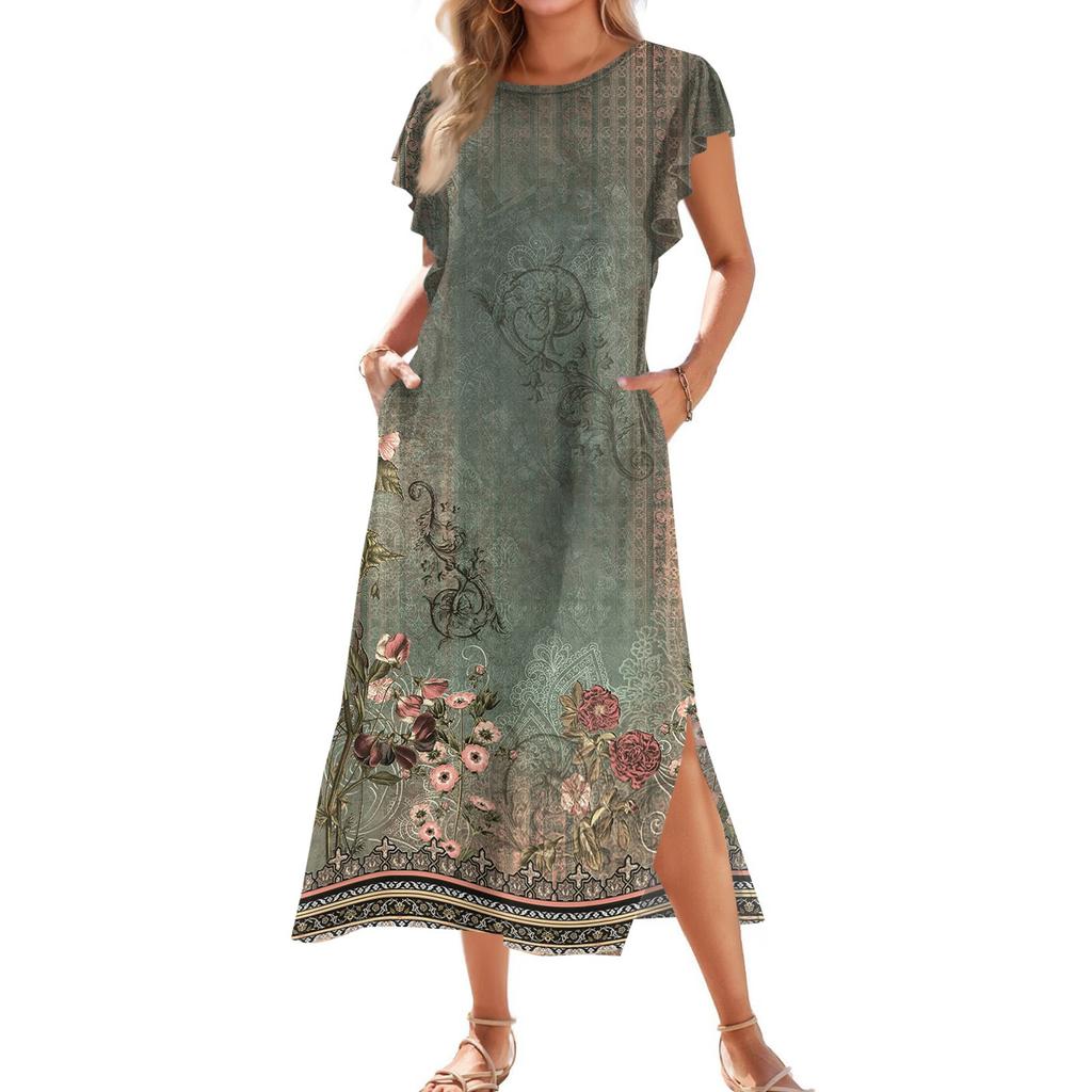 Женское модное летнее повседневное пляжное платье с плиссированными рукавами, свободным ретро-цветочным принтом, короткими рукавами, круглым завязкой и карманом