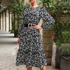 Темперамент и элегантность Верхняя одежда Женские черные платья с длинными рукавами и цветочным принтом Осень и зима