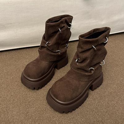 Модные осенне-зимние толстые высокие каблуки женские ботинки до середины икры 2025 горячая распродажа готические икры мотоциклетные ботинки пряжка удобные ботинки для ходьбы