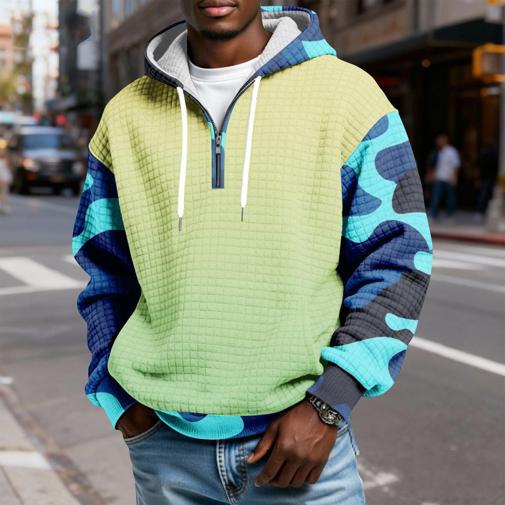 Мужской худи-пуловер в клетку с капюшоном на молнии до середины, со шнурком и принтом, повседневная спортивная толстовка