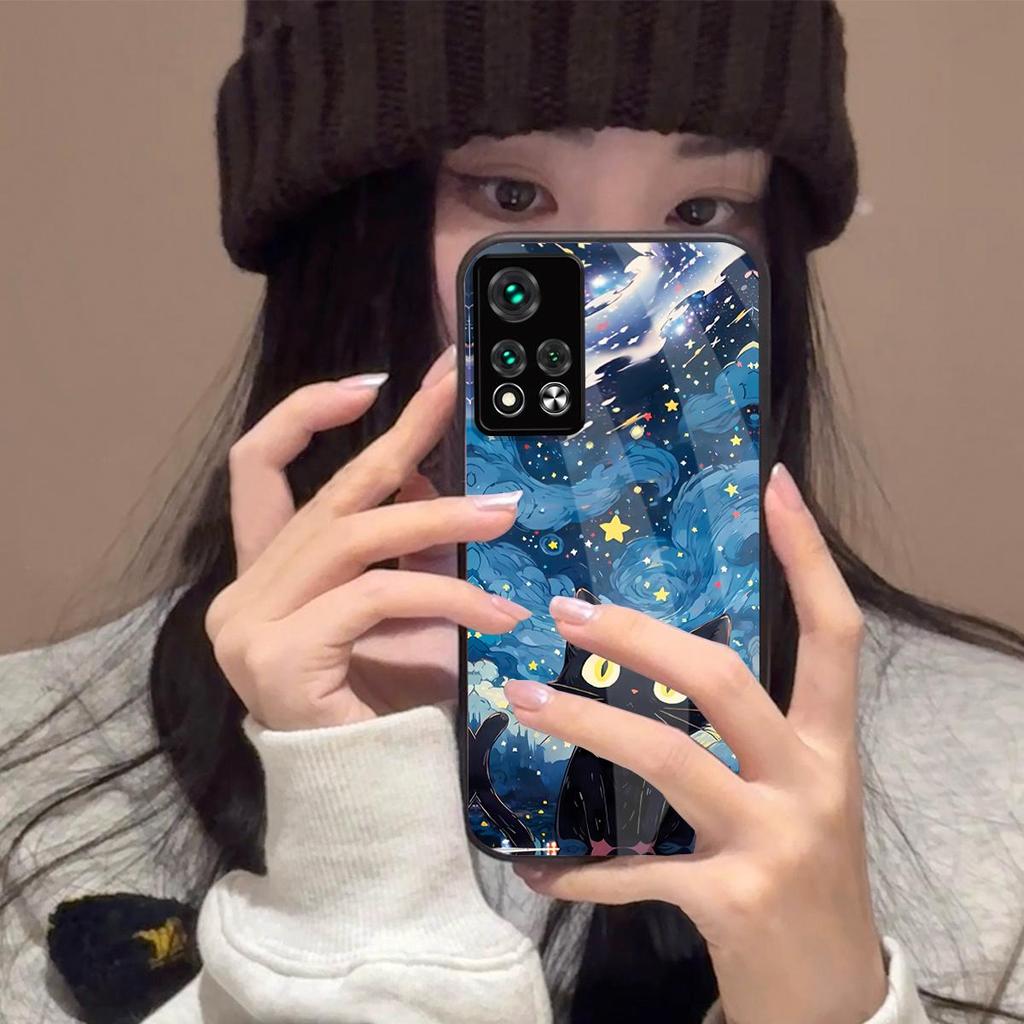 Чехол для Xiaomi POCO X4 Pro 5G Аниме Черный Кот Звездное Облако Печать Чехол для Телефона Акриловая Жесткая Задняя Крышка С Гибким TPU Краем