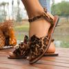 Fashion Summer New Leopard Bow Sandals Plus Size Round Toe Open Toe Casual Breathable Soft Sole Non-Slip Women's Flats