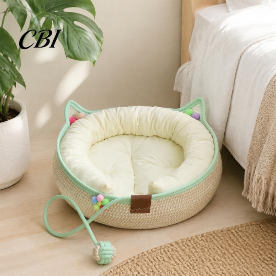 Woven Cat Bed Handwoven Cotton Rope Bed, Scratchable Indoor Sleeping Basket, Portable Pet House for Living Room Breathable Round Cats Kittens