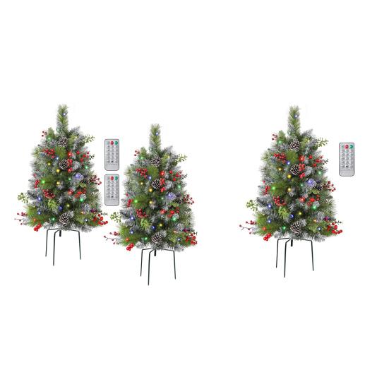 Lighted Artificial Christmas Urn Filler Battery Operated Pre-lit Xmas Pine Trees with Tripod Stake And LED Lights Holiday Planter Filler for