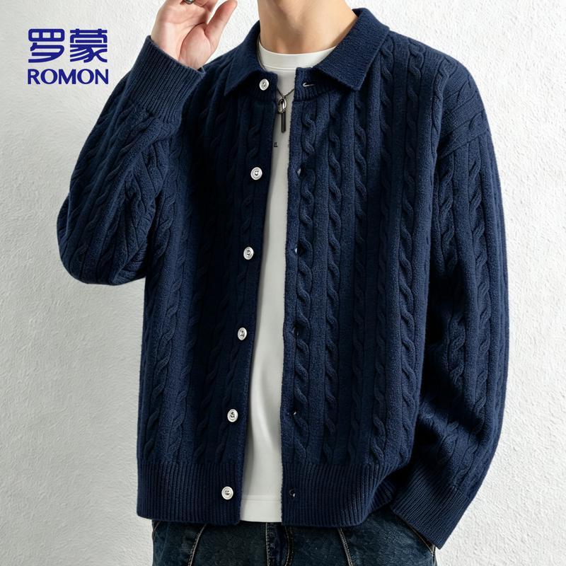 ROMON Men's Old Money Style Lapel Knitted Cardigan