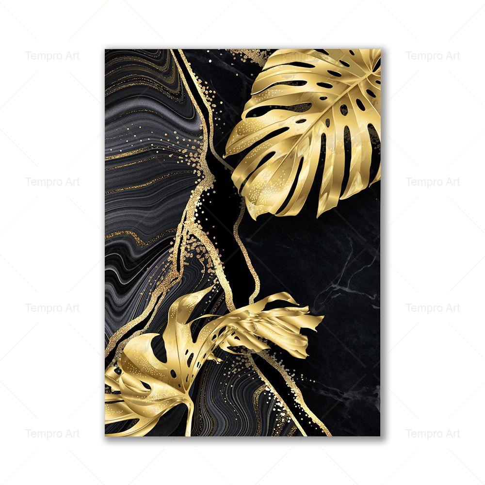 Золотые и черные листья, скандинавский постер, современная абстрактная настенная живопись на холсте, печать, настенные панно для гостиной, украшение дома