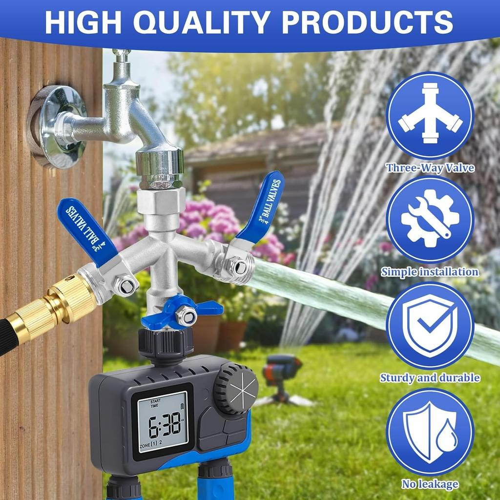 Heavy Duty 304 Stainless Steel Hose Splitter with Shut-off Valves,Full Flow Garden Water Hose Bib Spigot Splitter,3/4'' Thread Outdoor Faucet Splitter