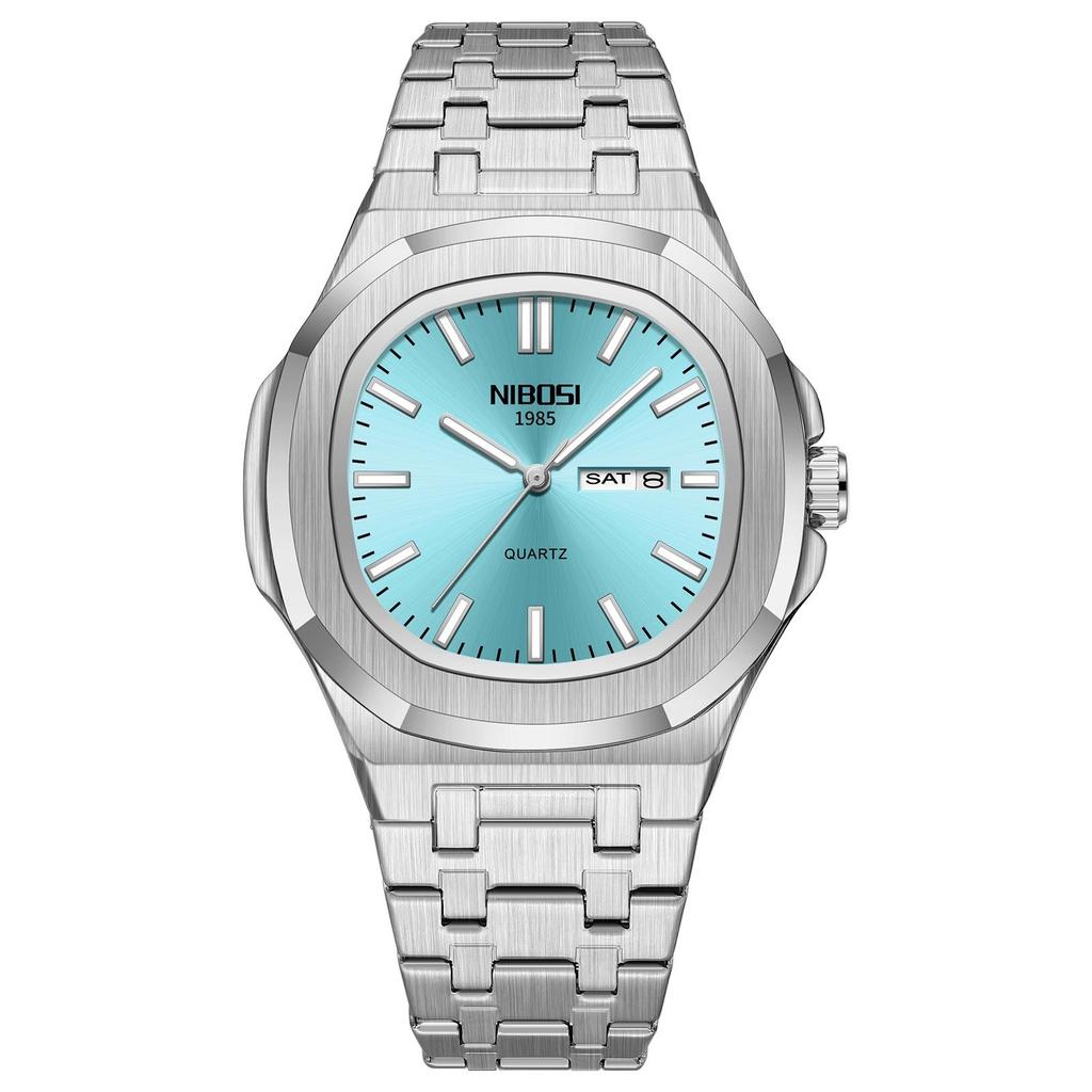 Mens Octagonal Dial Watch Stainless Steel Bracelet Luminous Day Calendar Waterproof Casual Quartz Watch