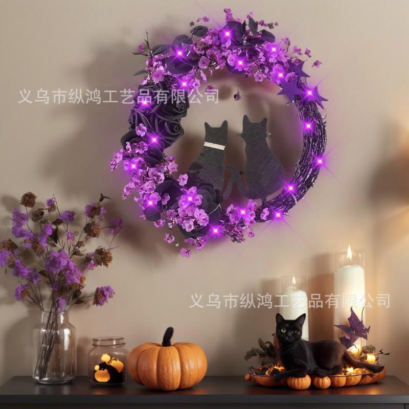 Halloween Moon Cat Wreath Decor Door Wall Hanging Couple Cats Wooden Craft Festival Party Decoration
