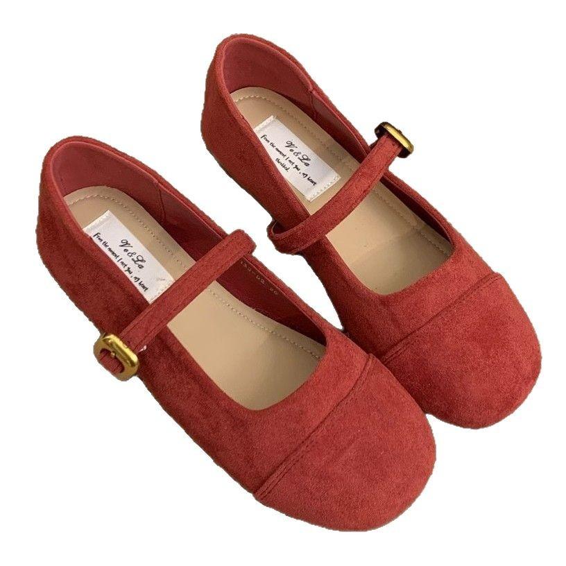 Туфли Мэри Джейн из французской замши, весна-лето, ретро, нежная юбка с мягкой подошвой, круглая голова, плоская подошва, одна педаль, легкий носок, одинарные туфли
