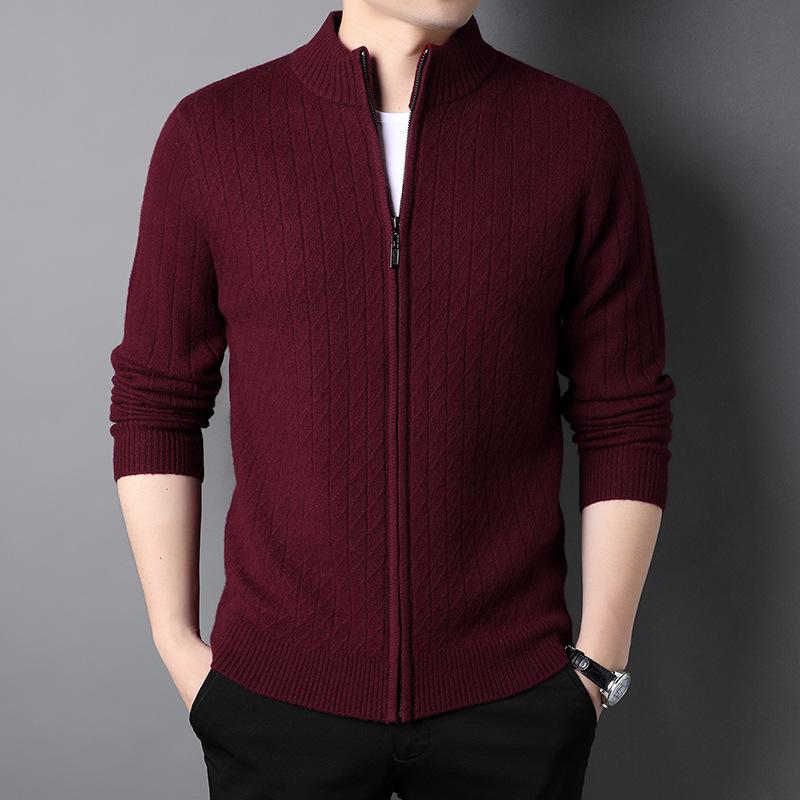 Кардиган из 100% чистой шерсти, мужской топ с полуворотником, для среднего возраста, весенне-осенняя вязаная куртка из полной шерсти, ощущение высокого класса