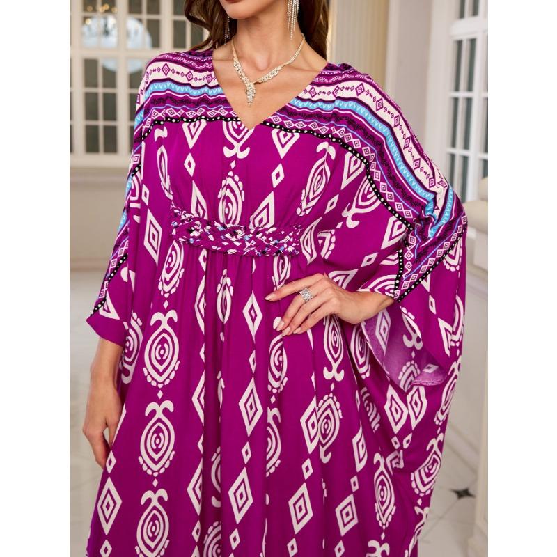 Женская мода весна осень геометрический принт длинный рукав V-образный вырез свободная талия повседневные платья