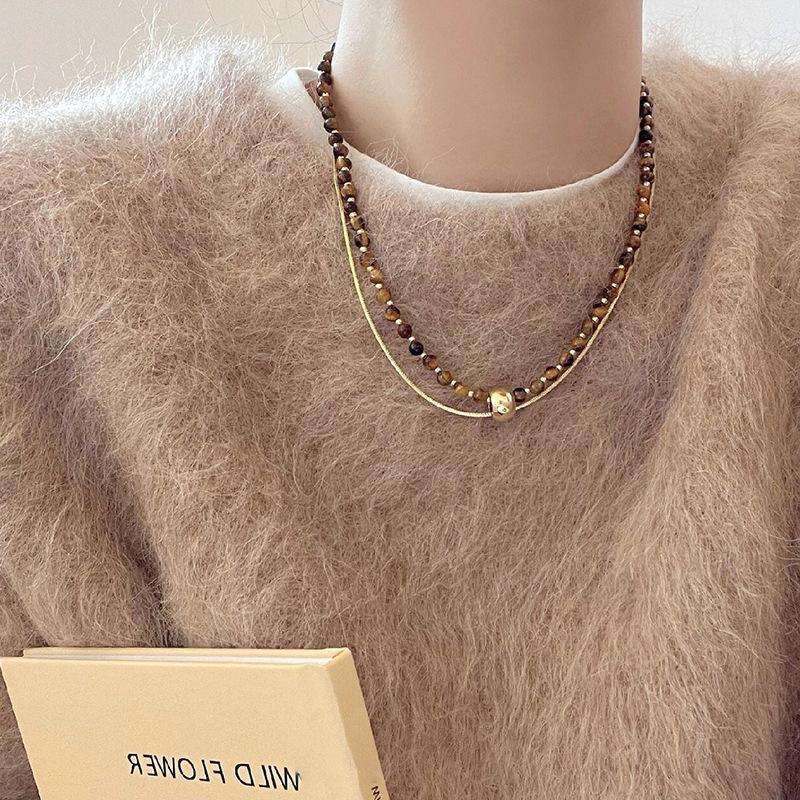 Ожерелье из круглого камня тигровый глаз в стиле ретро с цветком, высококачественная цепочка для свитера, легкая роскошь, нишевые аксессуары для толстовок